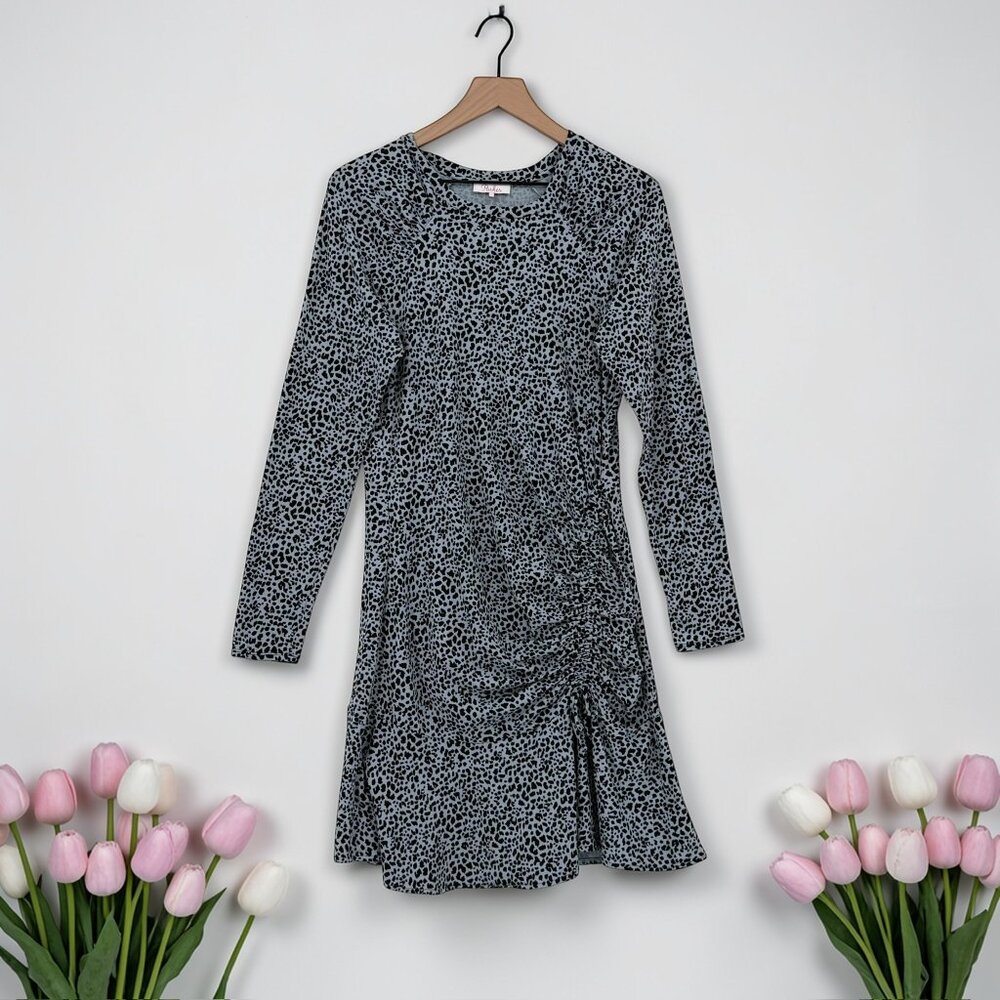 Parker Blue Leopard Print Ruffle Dress L